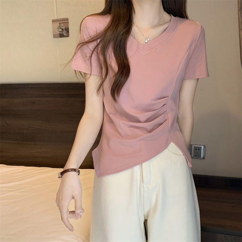 

Women s V-neck Short Sleeve T-shirt Casual Slim Fit Side Ruched Solid Color Summer Top L рожевий