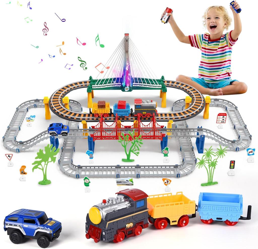 JONRRYIN Elektrische Eisenbahn: 259 Teile Dino Zug Set mit Zug, Straßenfahrzeugen, Rennstrecke. Geeignet für Kinder von 2-7 Jahren