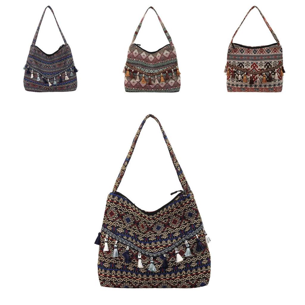 Ethnic Inspired Shoulder Bag Made From Special Material With Zipper Closure