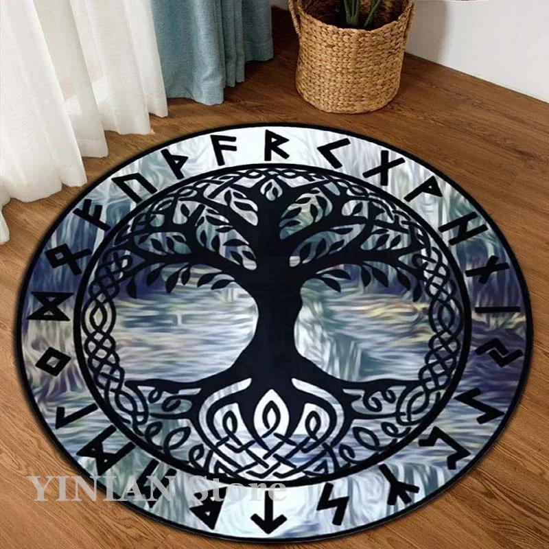 3D Viking Yggdrasil Tree of Life Area Rug Round Carpet Rugs for Living Room Bedroom Sofa Decoration Kids Play Non-slip Floor Mat