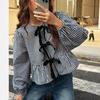 Women Plaid Bow Tie Blouse Puff Long Sleeve Round Neck Ruffle Hem Loose Casual Shirt Summer Commuter Top Source Factory Apparel