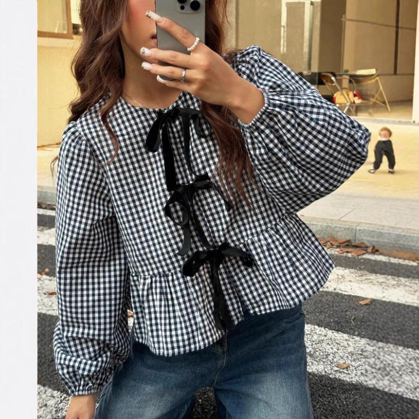 Women Plaid Bow Tie Blouse Puff Long Sleeve Round Neck Ruffle Hem Loose Casual Shirt Summer Commuter Top Source Factory Apparel