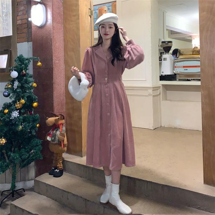 

Women s autumn clothing new French suit collar design can be sweet and salty medium and long skirt corduroy dress 2XL