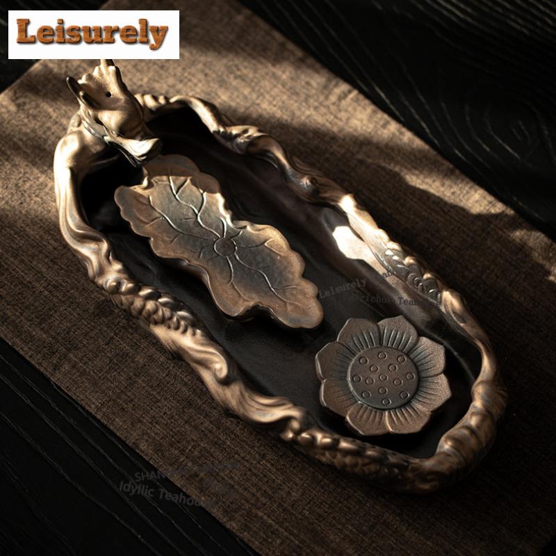 Gilt Coarse Pottery Dragon Lying On Lotus Tea Tray Afternoon Tea Dessert Plate Coffee Storage Board Teapot Mat Dishes Tea Set