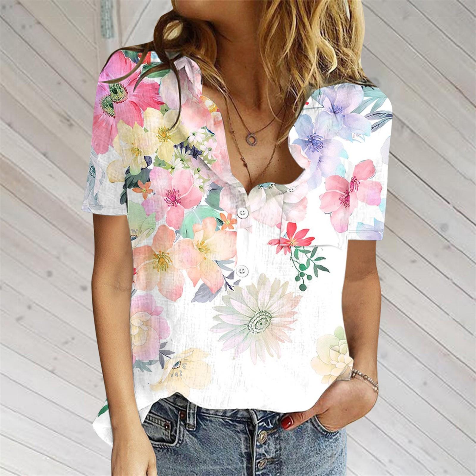 

Summer Short Sleeve T-Shirt For Women Casual Button V Neck Loose Fit Tops Comfy Cotton Linen Floral Print Blouse Shirts M рожевий