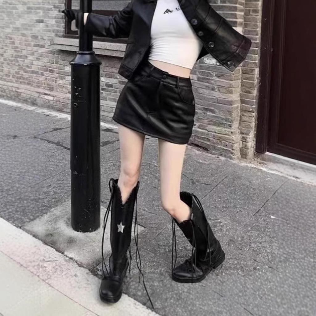 American Hot Girl High-Waist Black PU Leather Bodycon Midi Skirt - Women's European & American Style
