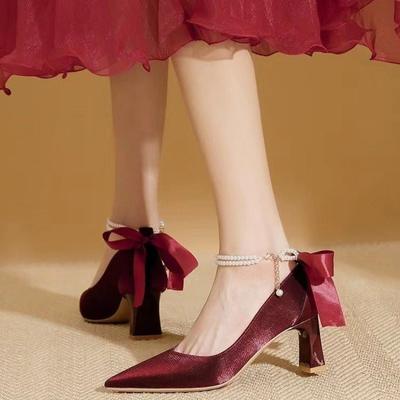 Fashion 2024 Summer New Fashion Solid Color Pearl Chain Bow Tie Women's Outwear High Heel Pointed Shallow Mouth Shoes Single Shoes