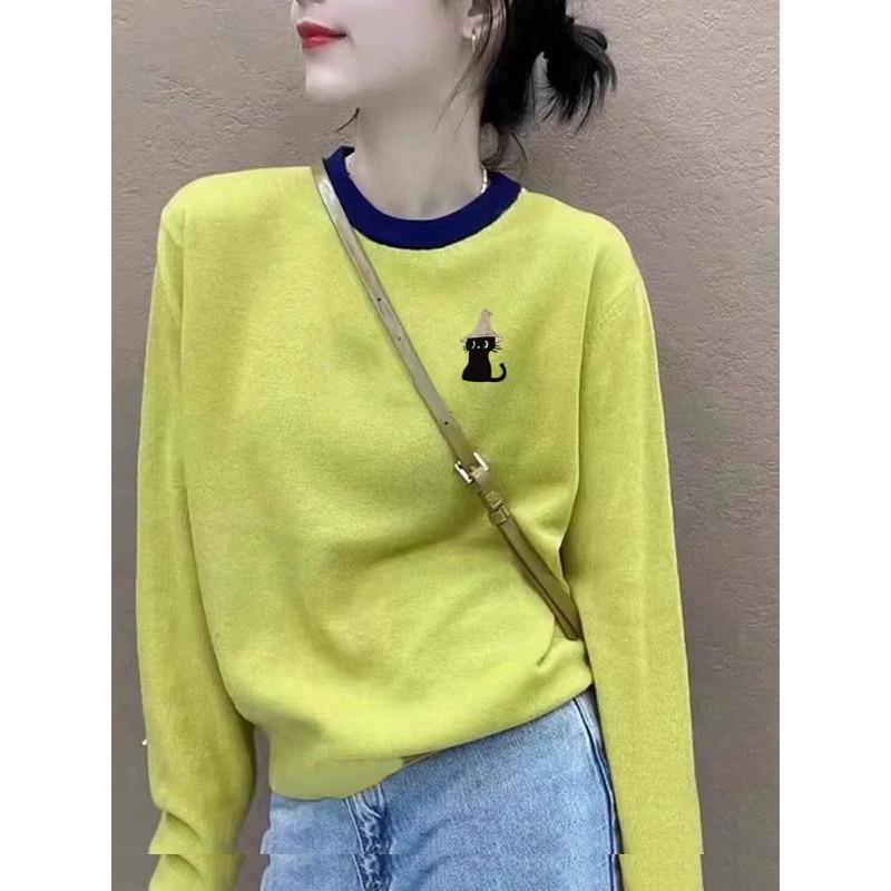 

Women s Printed Long-Sleeve T-Shirt: Color-Contrast, Round Neck, Loose, Slimming Chic Base Layer for Autumn/Winter Large