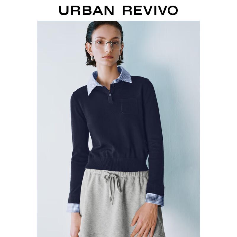 UR 2025 Spring Women's Academia Style Spliced Plaid Knit Sweater