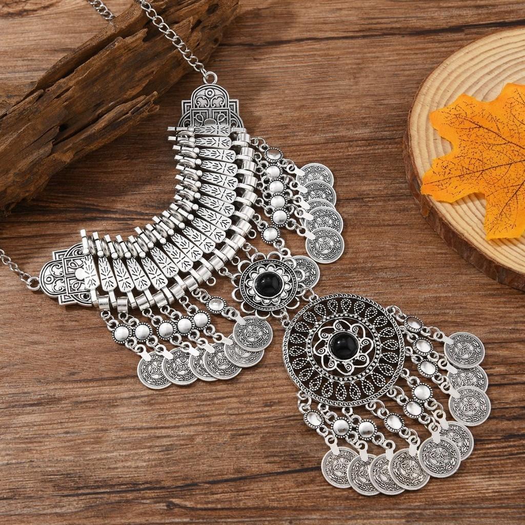 Classic Gold Silver Finish Coin Tassel Necklace With Geometric Pendant For Festival Wear