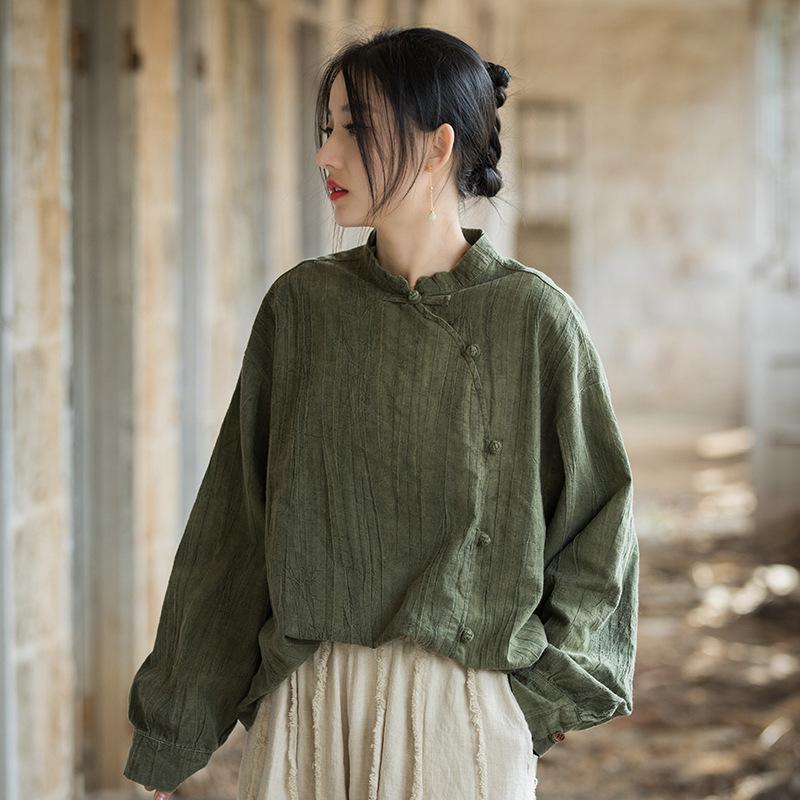 Women's Long-Sleeve Hand-Dyed Ramie Cotton Top with Button Accents - Spring Sun Protection