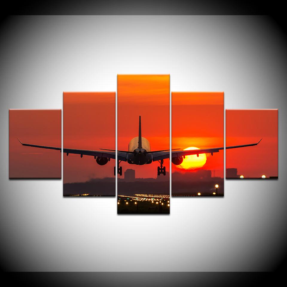 The plane flying sunset 5 piece Wallpapers modern Modular Poster art Canvas painting for Living Room Home Decor