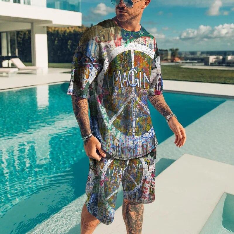 Personality Harajuku 3D Men's T-shirt Sets Casual Streetwear Oversized T-Shirt Shorts 2 Piece Set Summer Tracksuit Man Clothing