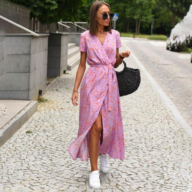 Ethnic Printed High Waist A Line Summer Women Short Sleeve Lace Up Dress S