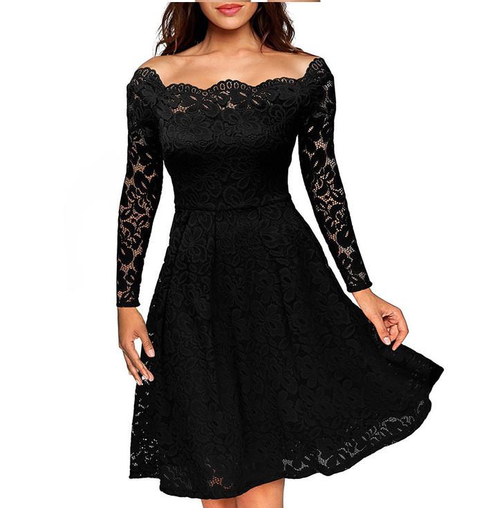 Elegant Women's Vintage Lace Boat Neck Formal Wedding Cocktail Evening Party Swing Dress