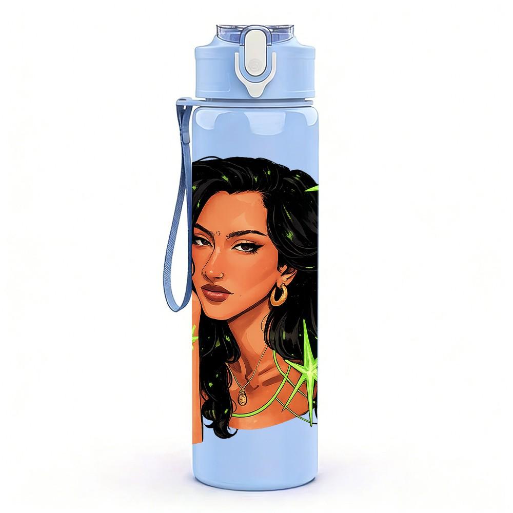 1PC Curly Hair Dark Skin Lady 750ml Color Plastic Sports Water Bottle Leakproof Flip Straw Lid Suitable for Sports Office Home Use