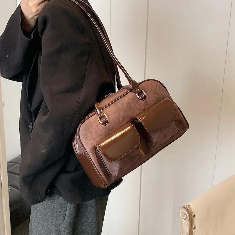 Korean Fashion Womens Shoulder Bag Soft Suede With Pu Leather Bowling Handbag Casual Luxury Vintage 2024 New Boston Tote Bag