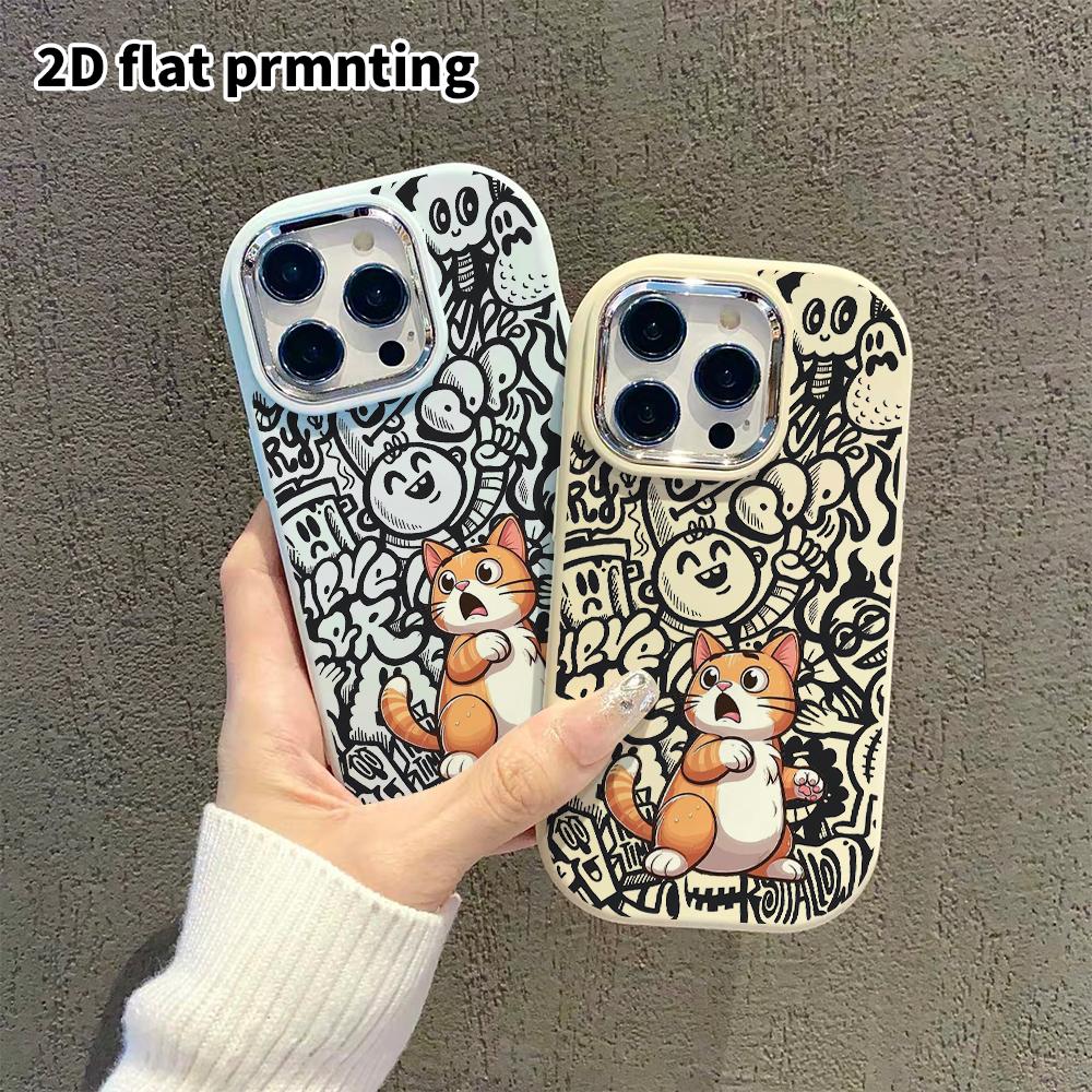 Phone Case: 2D flat design suitable for iPhone 18 17 16 15 14 13 Pro protective case, couple style, surprised orange cat, Christmas and Halloween gift