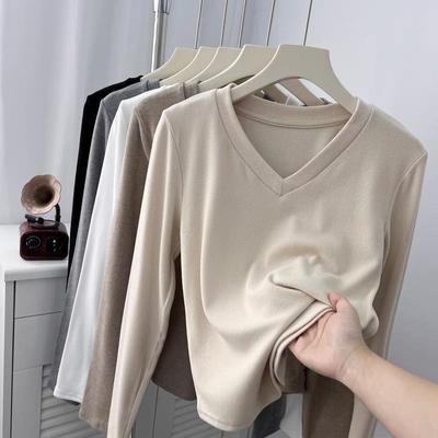 Pull court doux et moelleux avec fourrure brossée d'automne et d'hiverSimple tempérament Col en V Manches longues T-shirt Femme Coupe slim et amincissante