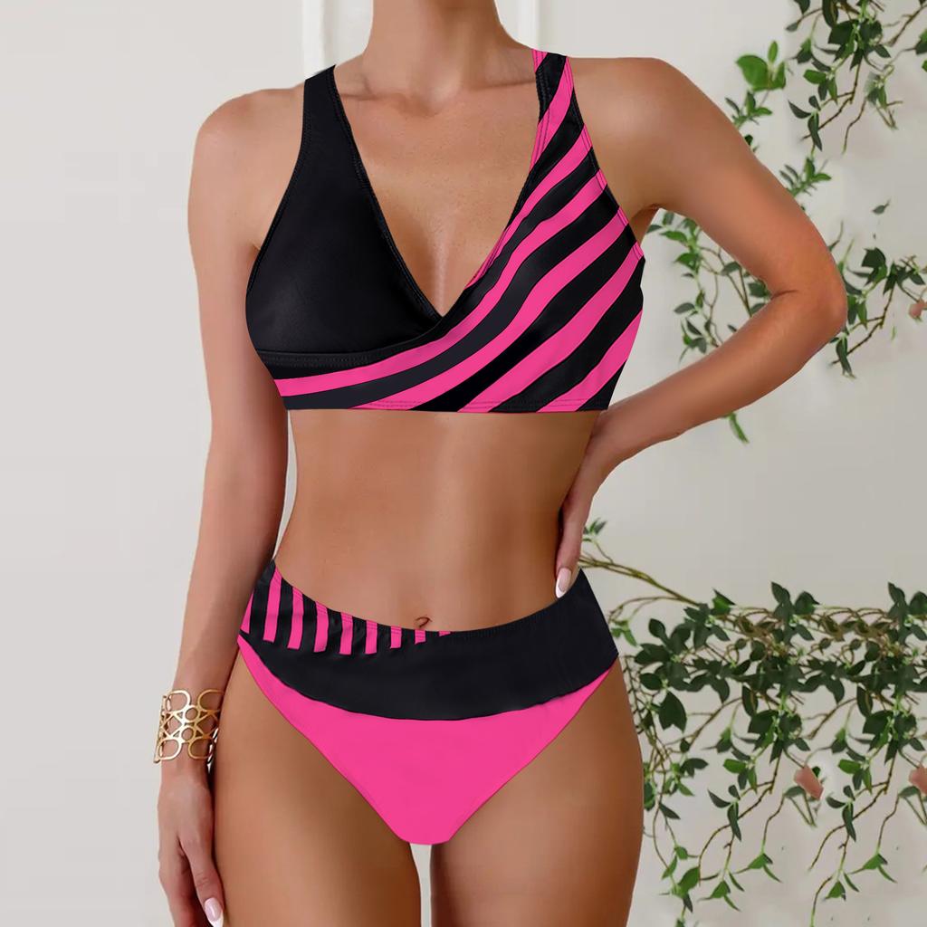 Women's Halter Half Edge Stripe Print Bikini Tankini Swimsuit