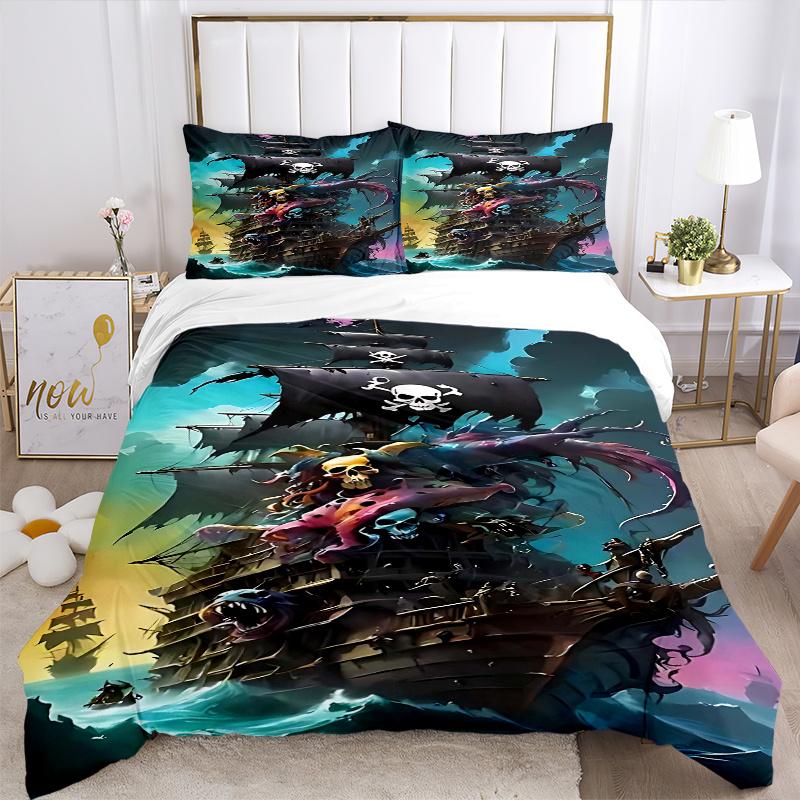 3pcs Pirate Ship Bedding Set - Includes One Quilt Cover and Two Pillowcases (No Core) - Home Decor, Festival Gift, Polyester Fabric, Anime Cartoon Des