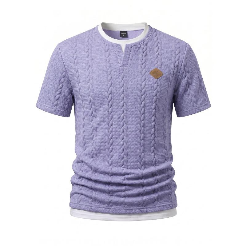 New summer men s slim-fit casual T-shirt with textured fabric, leather label and logo, featuring a faux two-piece design S
