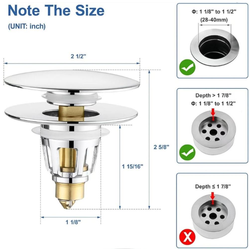 Easy Install Up Drain Valve 2546mm Sink Stopper Rust Resistant Zinc Alloy Brass with Push Button and Built In Filter