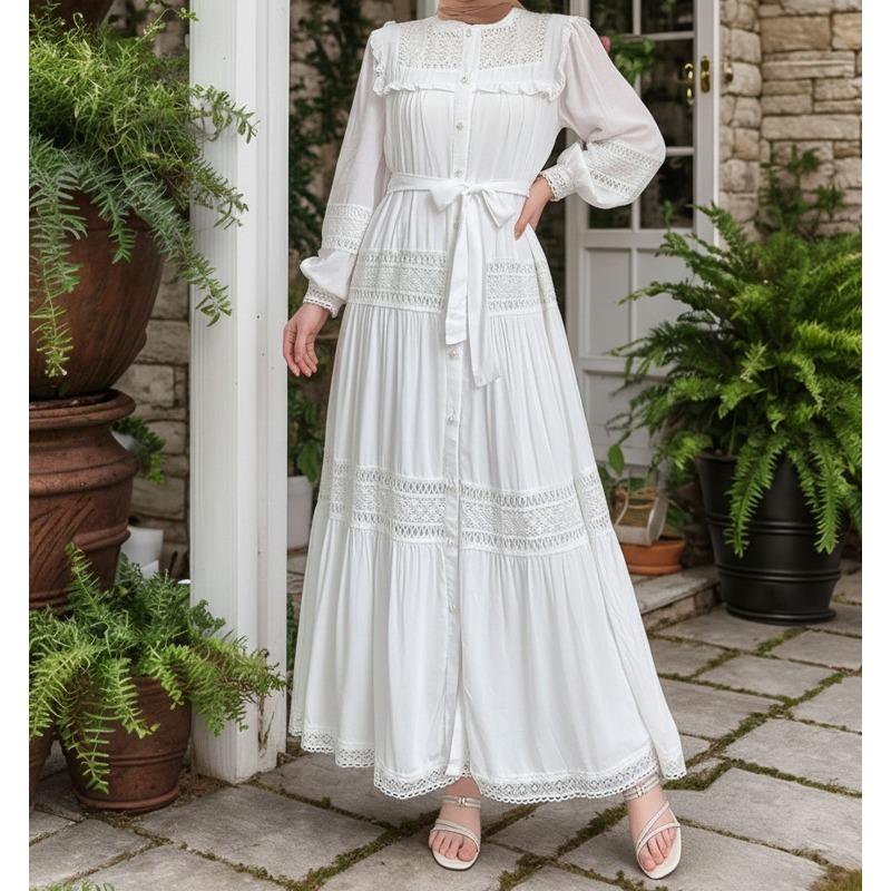 Spot women s lantern sleeve medium and long dress lace hollow splicing fungus edge stand-up collar dress S белый