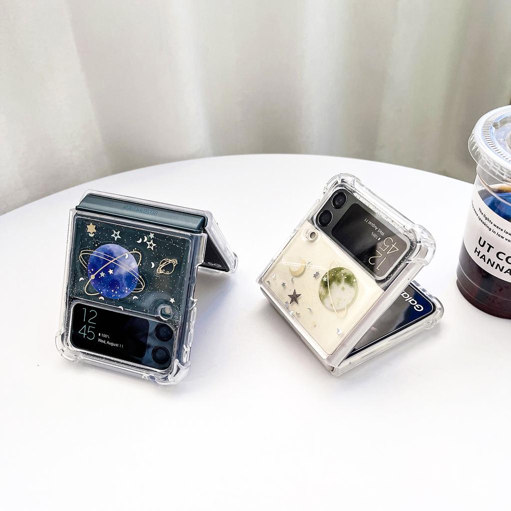 Husă pentru Samsung Galaxy Z Flip 4 3 Husă transparentă cu sclipici Star Planet, transparentă, rezistentă la șocuri, pentru Husa Samsung Z Flip4 Zflip3