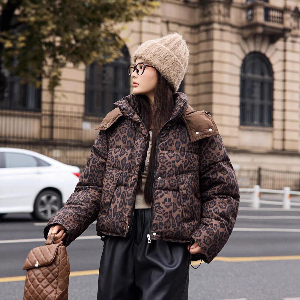 Bawełniany Płaszcz w Panterkę w Stylu Vintage Najnowszy Zimowy Niszowy Kołnierz Stojący Płaszcz Chlebek Płaszcz Puchowy Bawełniany