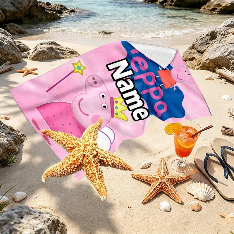 Custom Name Personalized Peppa Pig Print Beach Towel, for Trip Camping Beach Party Home Decor, Birthday Gift for Family & Friends