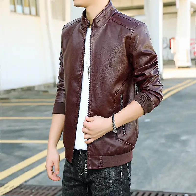 Trendy Casual Loose Jacket for Men with Velvet Thickened Winter with PU Leather Stand Collar