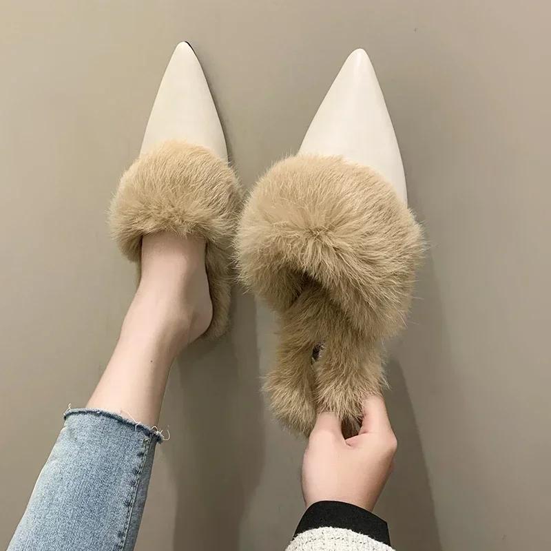 Fashion Fashion Winter Plush Women Mules Slippers Slip On Warm Woman Slipper Faux Fur Flat Shoes Pointed Toe Female Ladies Shoes