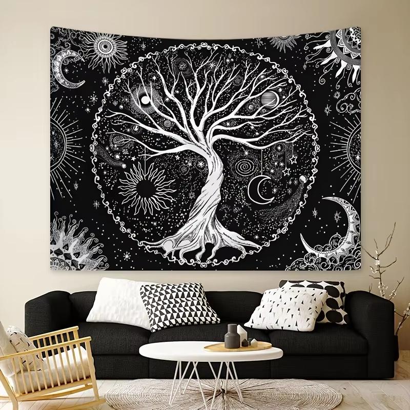 Black Bohemian Style Tapestry with a Beautiful and Psychedelic Background of the Tree of Life Sun and Moon Elements