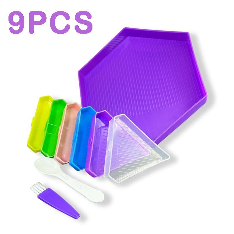 9Pcs Diamond Painting Tray Set, Hexagon Drill Storage Trays with 6 Triangle Trays, Spoon & Brush, 5D Diamond Embroidery Accessories DIY Art Supplies