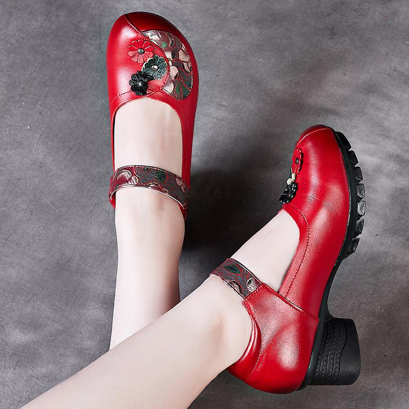 New Spring and Autumn Women's Shoes First Layer Cowhide Thick Heel Soft Sole Single Shoes Female Mother Shallow Mouth Velcro Small Leather Shoes