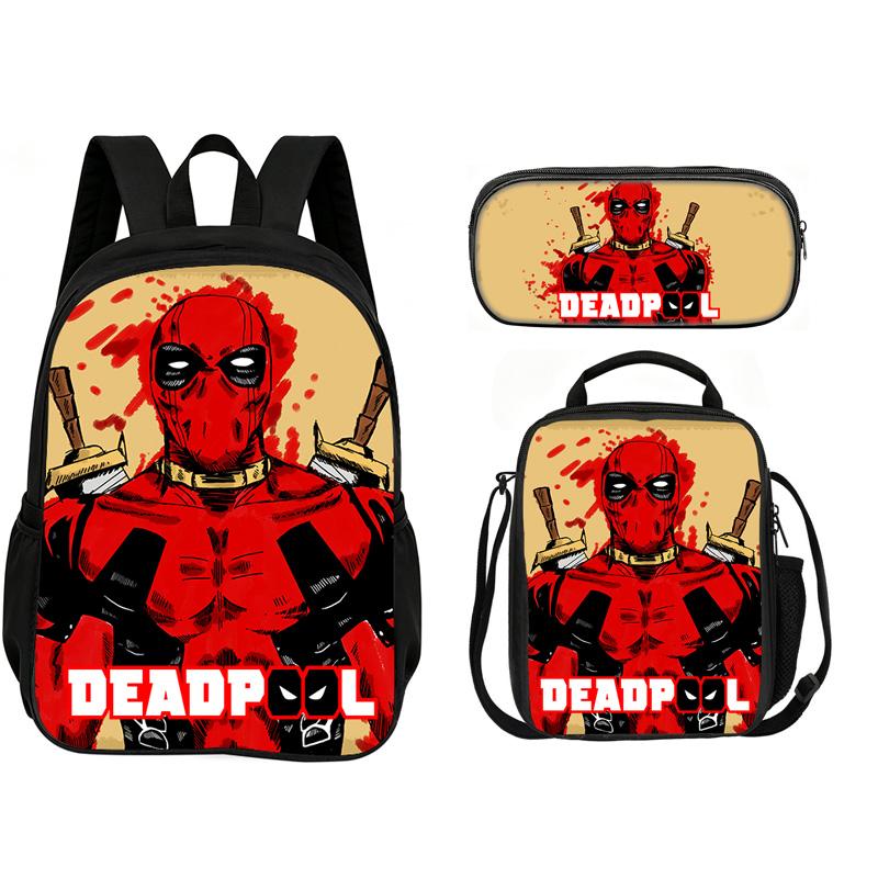 Deadpool  School 3Pcs Set Backpack+lunch Box+Pencil Case Fashion Schoolbag Backpack Trend Kids Gift Practical Multifunctional