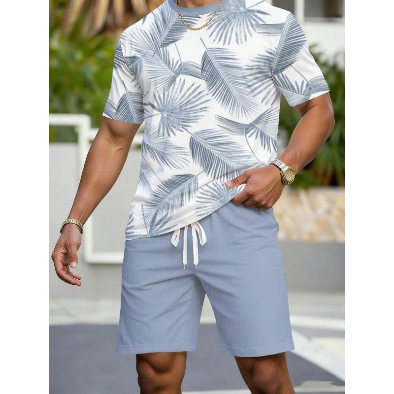 Men's Sports Short Sleeve Top Shorts Set Plus Size Breathable Basketball Sports Clothing Palm leaf Print T-shirt Shorts 2-piece Set