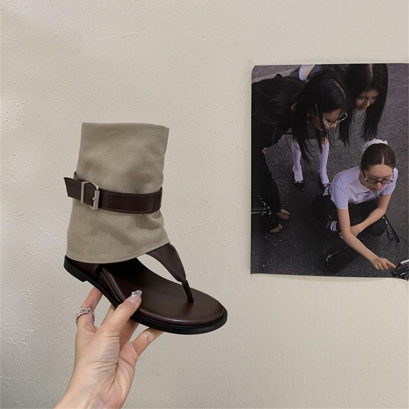 Retro Hong Kong style summer fashion cool boots casual belt buckle toe versatile short boots wedge heel shoes
