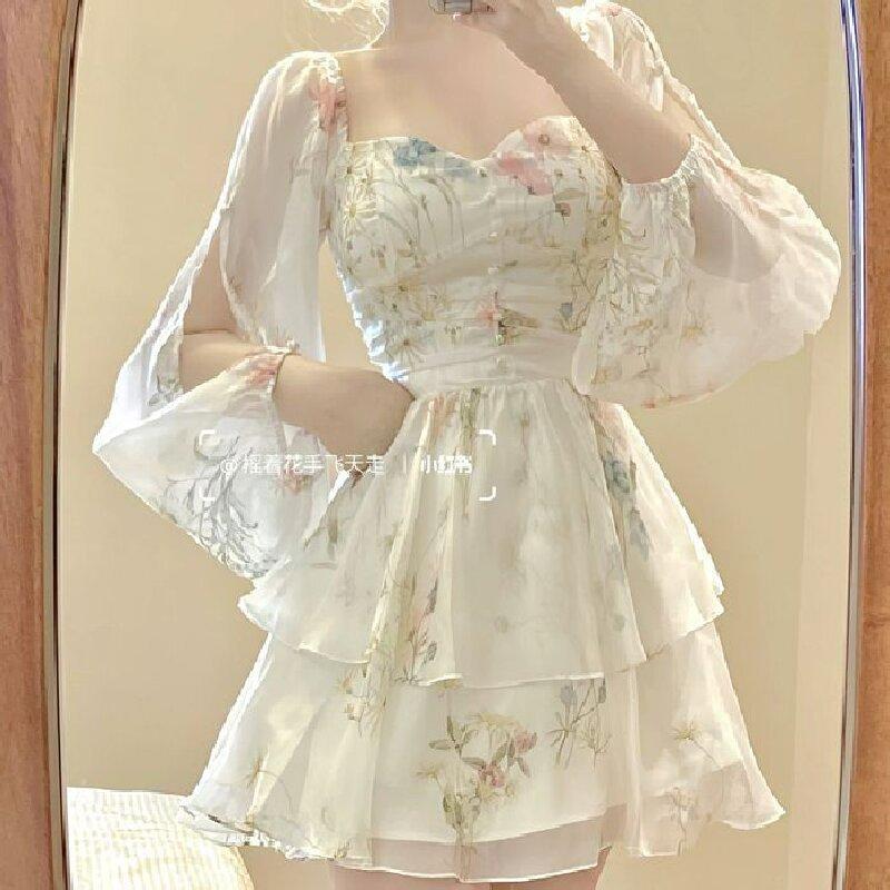 French floral long-sleeved dress children early autumn French first love princess tutu skirt waist small short skirt