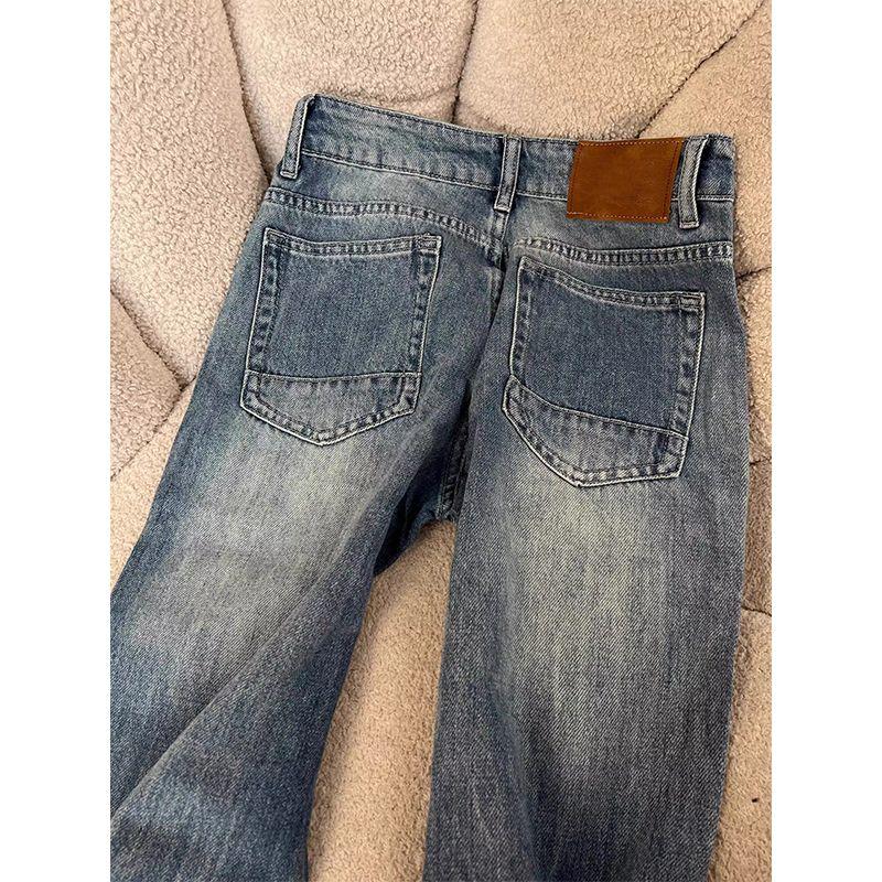 American Retro Blue Washed Distressed Slightly Flared Jeans Women's Summer New Arrival Mid-Low Waist Slim Looking Drooping Wide-Leg Pants
