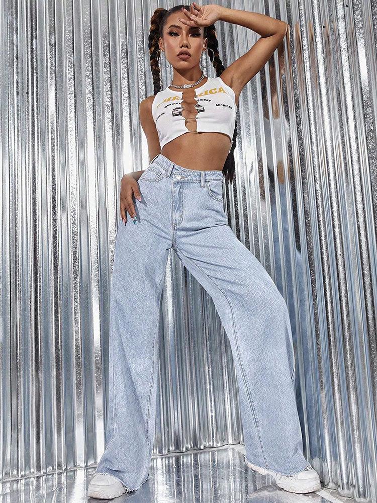 2025 Autumn High-Waisted Wide-Leg Washed Light-Color Casual Jeans