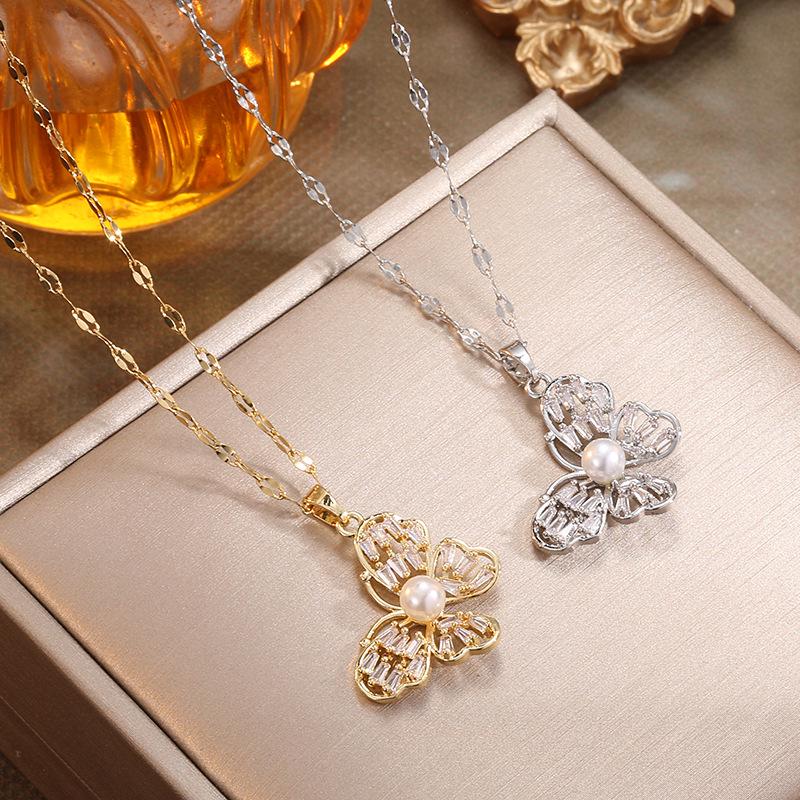 Japan-Korea Zircon Pearl Butterfly Titanium Necklace - Luxury Women's Clavicle Chain Jewelry
