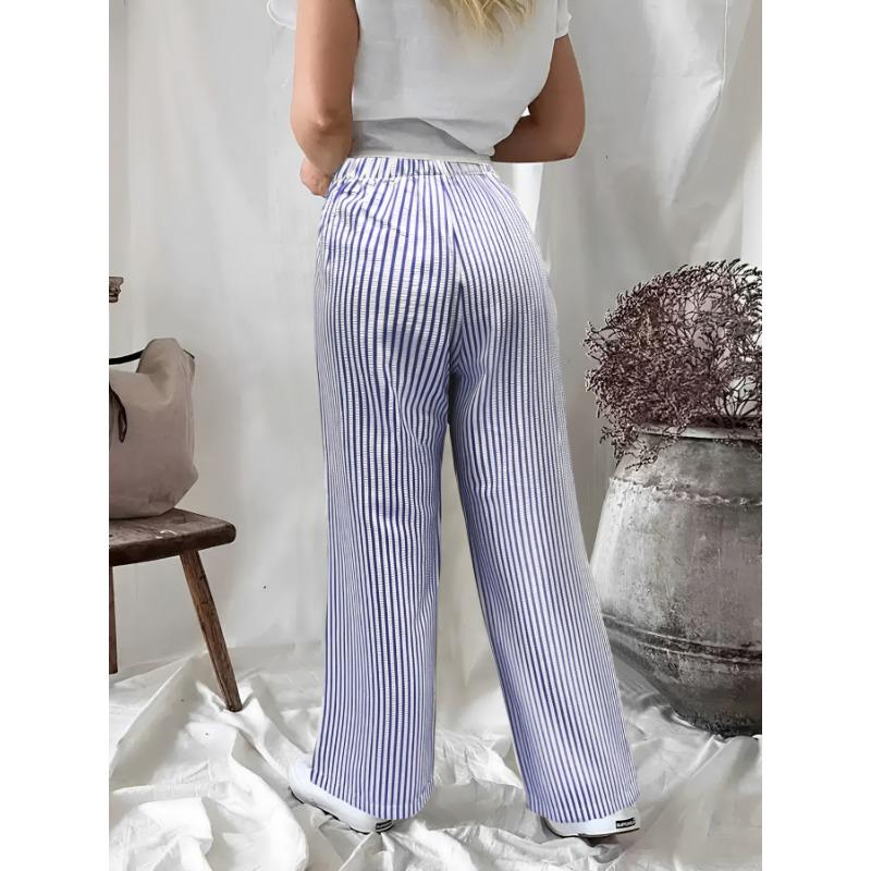 DAFIFY Women's Fashion Casual Stripe Print High Waist Trousers Pants & Capris