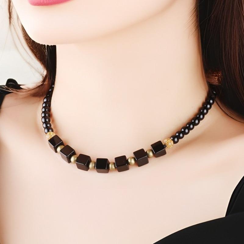 GEMCHIC Women's New Chinese Style Black Agate Cube Bead Necklace Vintage Ethnic Short Choker Jewelry