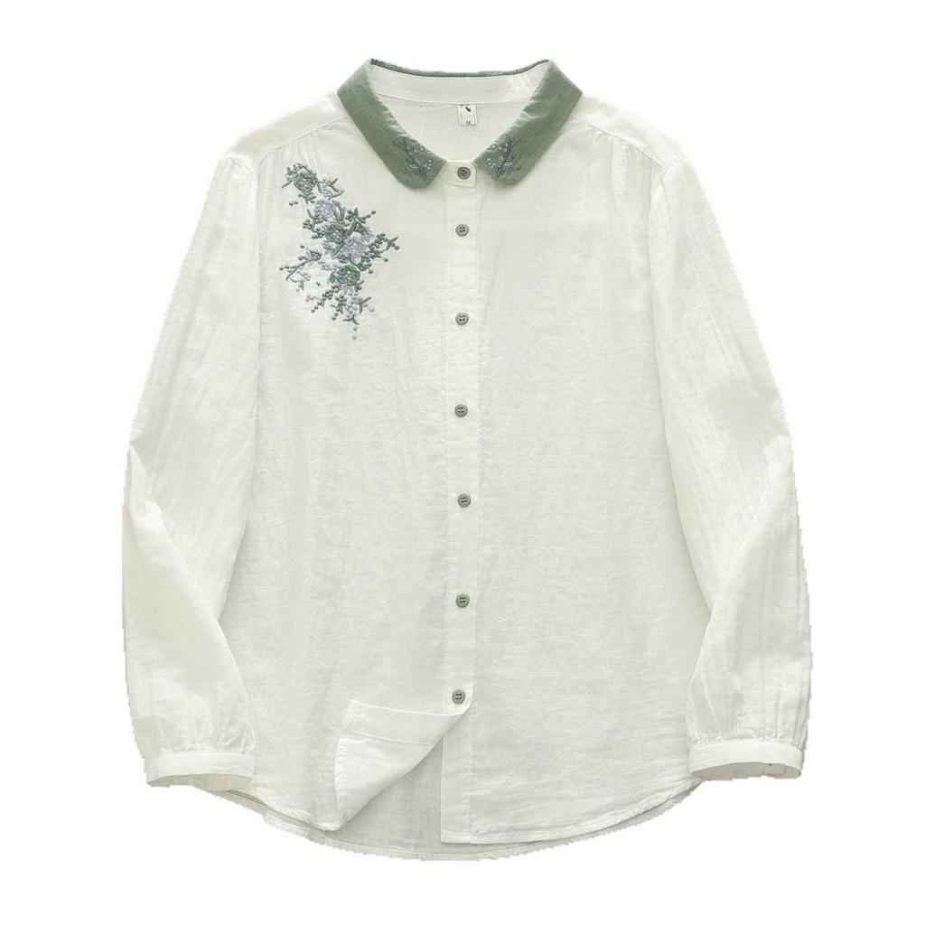 Women's Double-Layer Cotton Long-Sleeve Shirt, Autumn 2025 Retro Embroidered Collar, Soft and Breathable Pure Cotton.