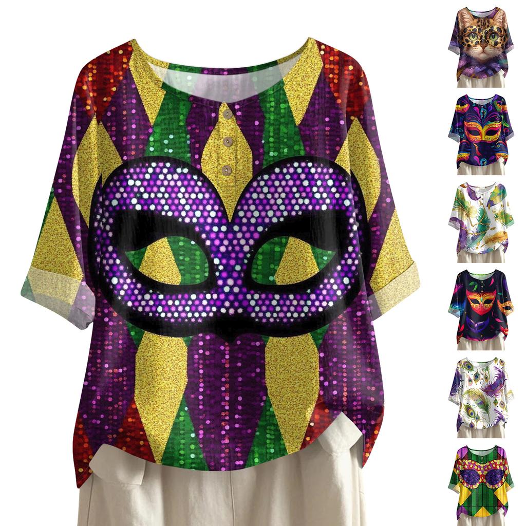 Women's Casual And Comfortable Mid-Length Round-Neck Fashion Print Cotton-Linen Top