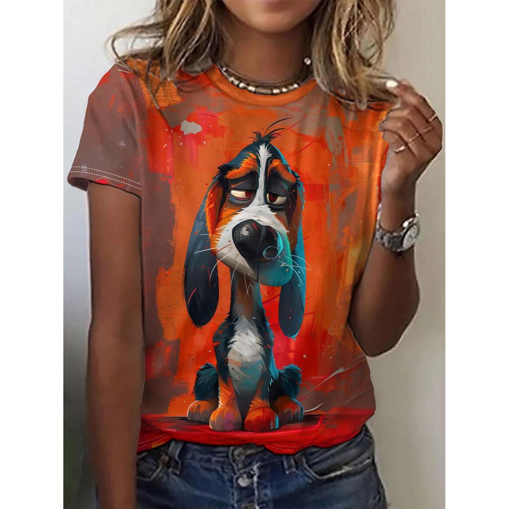 Short Sleeved Women's T-shirt Summer 3D Dog Print Street Crew Women's T-shirt