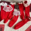 Bow New Year Red Socks Cotton Middle Tube Socks Warm Children Red Socks  Women