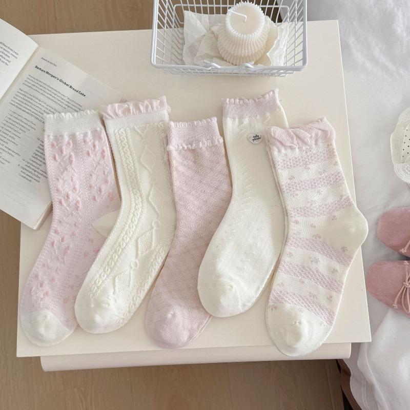 Pink Floral-patterned Socks - Spring and Summer Pile Socks, Simple Lace-edged Bow Tie Ankle-length Socks